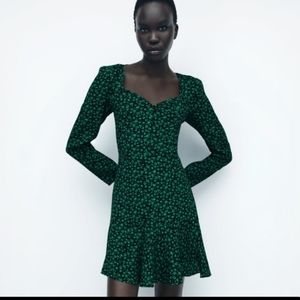 Zara Black Green Floral Print Mini Dress